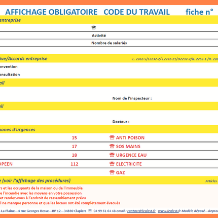 Affichage convention, inspection du travail et n° d'urgence