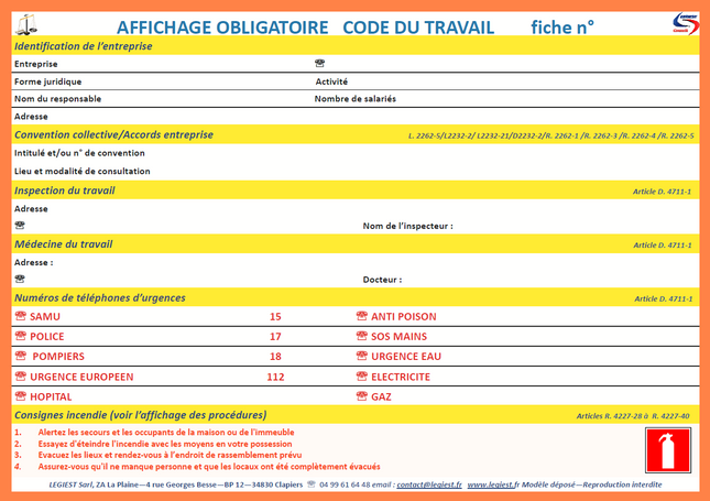 Affichage convention, inspection du travail et n° d'urgence