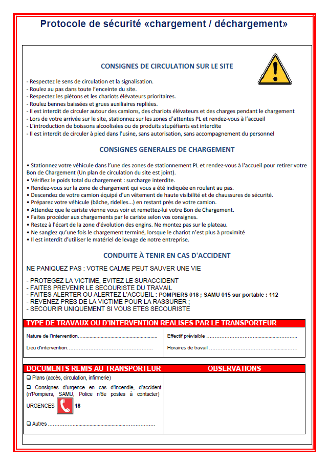 Protocole de chargement - déchargement
