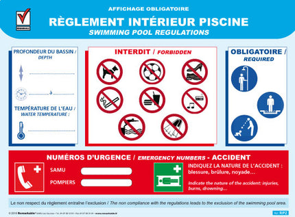 Affichage règlement intérieur piscine